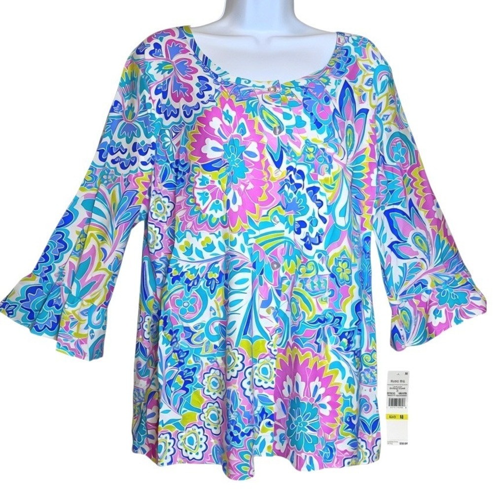 Ruby Rd Floral Paisley Button Front Top Sz M Top Boho Chic Mod Palm Beach NWT